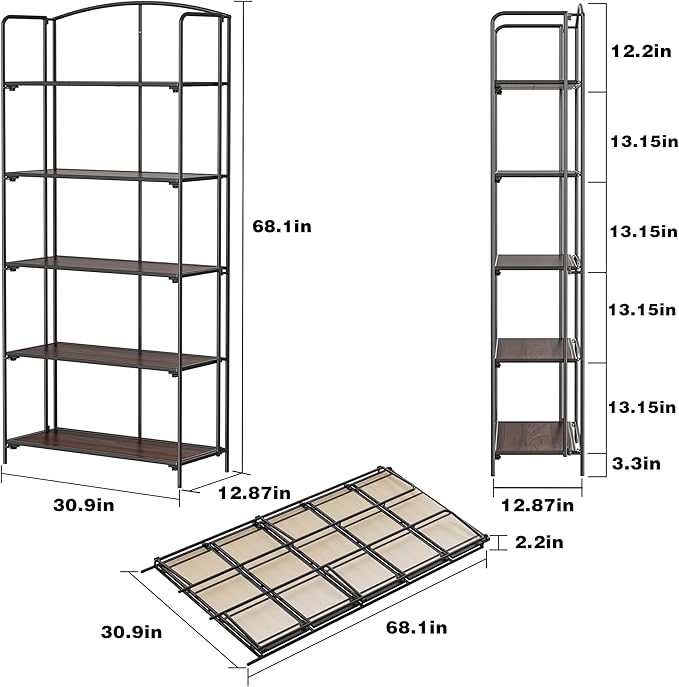 Crofy No Assembly Folding Bookshelf for Living Room, 5 Tier Black Collapsible Book Shelf for Home Office, Portable Bookcase Storage Organizer