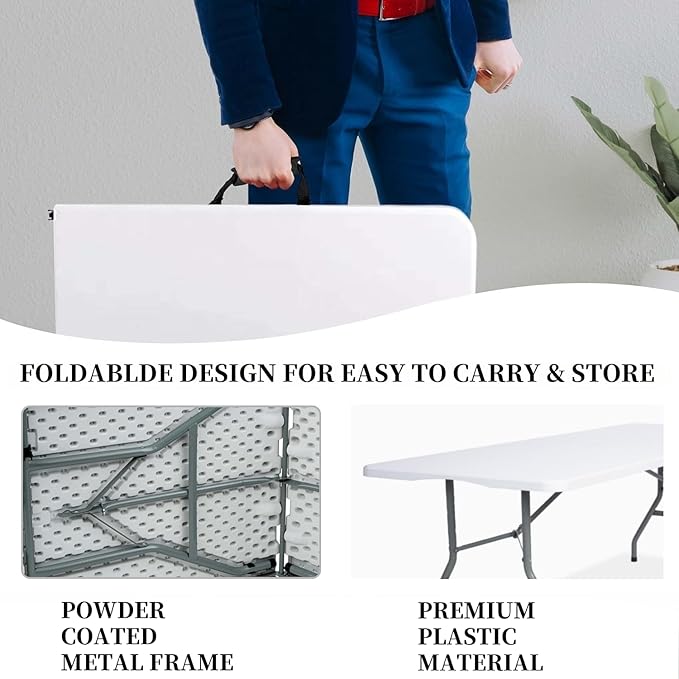 Folding Table 6 FT Lightweight Portable Plastic Fold-in-Half Utility Foldable Table suitable to hold large, Plastic Dining Indoor Outdoor for Camping, Picnic and Party, White(27.5"D ×70.8"W ×29.1"H)