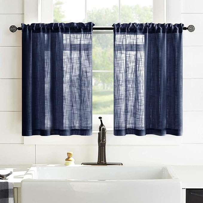 XTMYI Blue Cafe Curtains for Kitchen Window 36 Inch Length Faux Linen Look Short Small Semi Sheer Curtains for Bathroom Bedroom Navy Blue