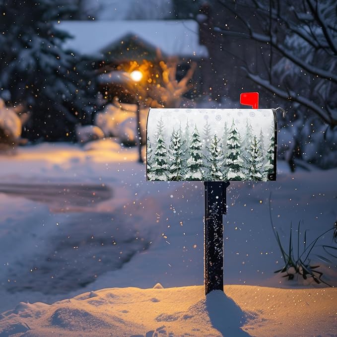 Winter Magnetic Mailbox Cover Large Snowy Forest Mailbox Wrap Pine Tree Snowflake Nature Landscape Mail Post Letter Box Cover for Christmas Holiday Garden Yard Decor Oversized 25.5" x21"