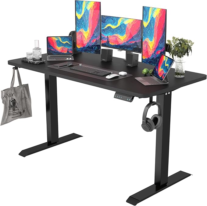 Monomi Electric Height Adjustable Standing Desk, 55x24 Inches, Ergonomic Home Office Sit/Stand Up Desk (Black Steel Frame/Black Top)
