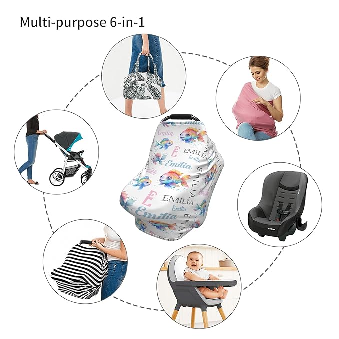 Personalized Baby Car Seat Cover with Name Stroller Canopy Custom Rainbow Fish Carseat Cover Newborn Baby Boy Girl Nursing Cover for Moms First Birthday Gift