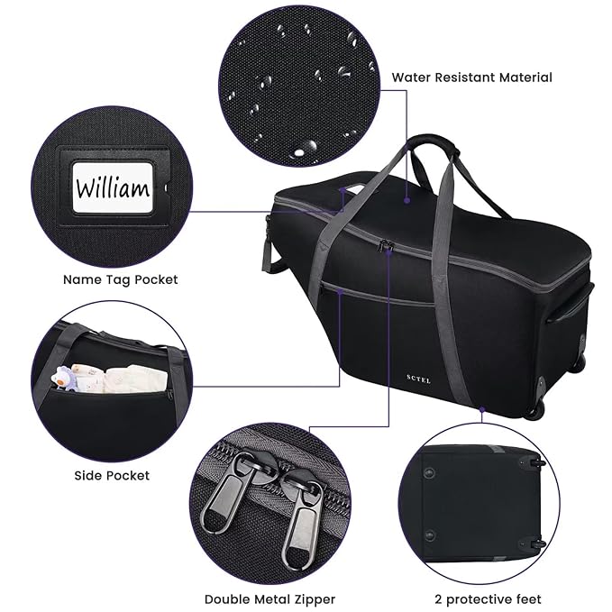 SCTEL Car Seat Travel Bag for Airplane Fits Chicco KeyFit 30, UPPAbaby MESA, Nuna Pipa, Padded Car Seat Bag with Wheels, Infant Gate Check Bag with side pocket, Protective Feet, Adjustable Handle
