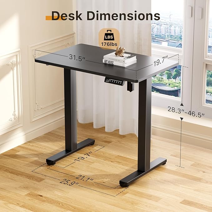 JOY worker Small Electric Standing Desk, 31.5" x 20" Whole Piece Height Adjustable Desk with Memory Controller, Black Sit to Stand Workstation for Home Office