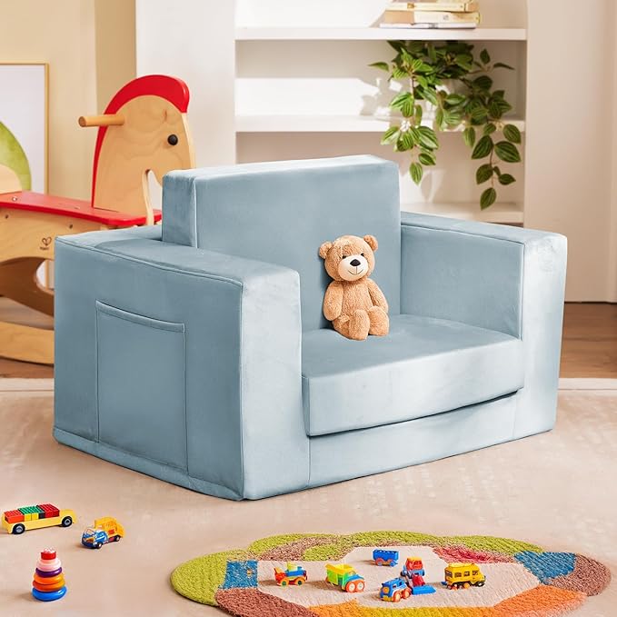 Kids Couch, 2-in-1 Toddler Chair Comfy 1-3 Years, Convertible Kids Chair, Toddler Couch That Fold Out, Kid Lounge Chairs for Boys and Girls, Soft Coral Fleece, Blue