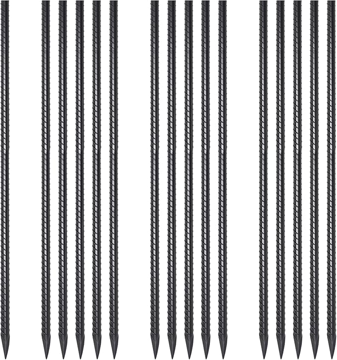 Rebar Stakes 36 Inch 16 Pack Heavy Duty Steel Ground Anchors 1/2 Diameter Straight Metal Stakes Landscape Timber Spikes with Chisel Point End for Plant Support, Concrete Form, Black
