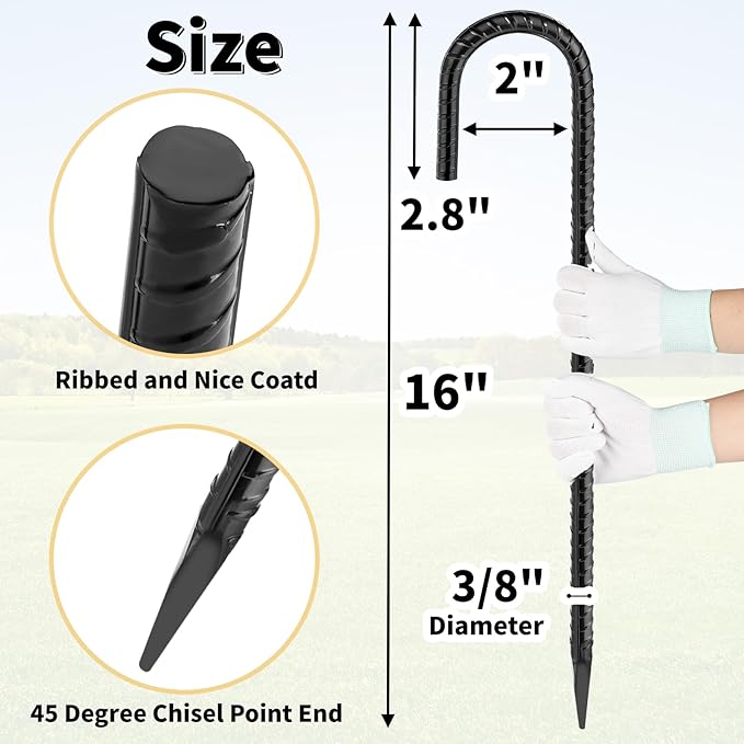 16 Inches 24-Pack J Hook Rebar Stakes Heavy Duty Tent Stakes with Chisel Point End, Steel Ground Anchors Metal Garden Stakes Chain Link Fence Stakes Black Coated