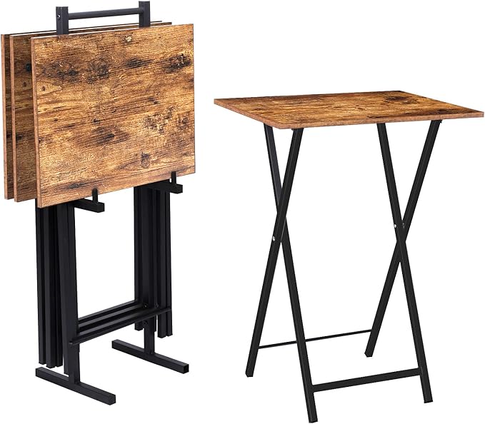 HOOBRO Folding TV Tray Tables, Set of 4 TV Trays with Storage Rack, Industrial Side Table for Eating at Couch, Foldable Snack Table for Small Space, Easy Assembly, Rustic Brown and Black BF50BZ01