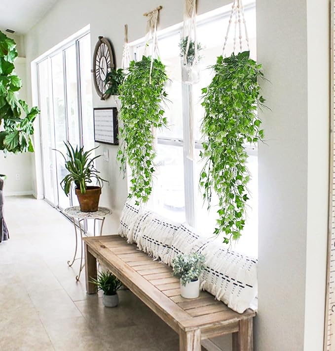 RECUTMS Artificial Hanging Plant - Faux Ivy Vine With White UV Resistant Leaves for Room, Office, Wall Decor (White)