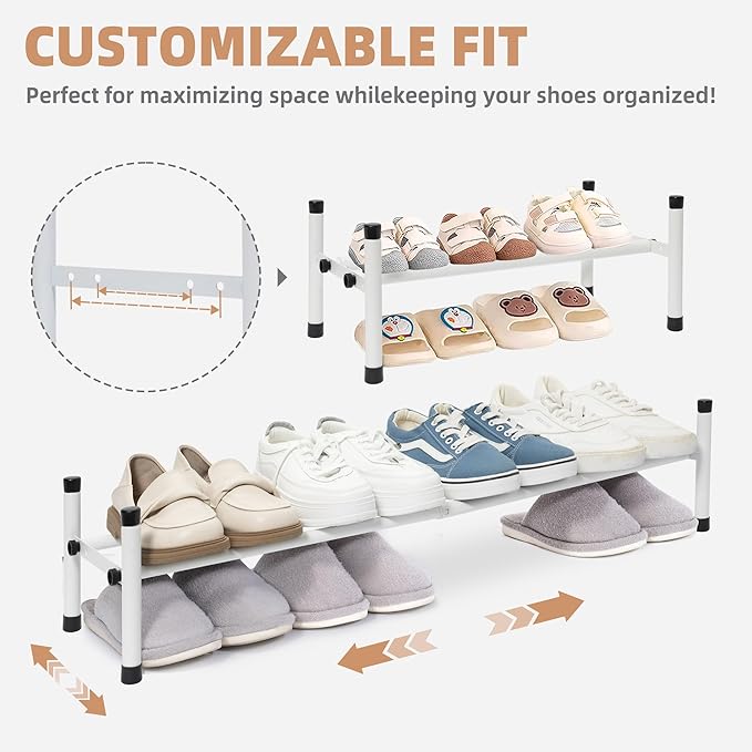 STORAGE MANIAC Expandable Shoe Rack, 4 Pairs Stackable Small Shoe Rack, Metal Adjustable Shoes Organizer for Closet, Entryway, Hallway, Garage, Front Door, Shoes Shelves, White 1 Tier