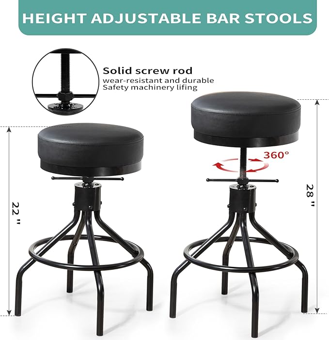 Counter Height Bar Stools Set of 2 Adjustable Swivel Barstools Modern PU Leather 28inch Round Backless Metal Industrial Stool Bar Chair for Kitchen Island (2, Black)