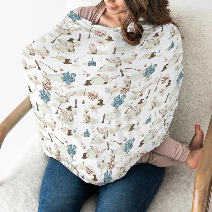Vintage Wizard Owls Car Seat Cover for Babies Watercolor Witch Hat Books Castle Clouds Stretchy 5-in-1 Cover Adjustable Infant Carseat Canopy Cover Magics Wizard Universe Breathable Nursing Cover-Up