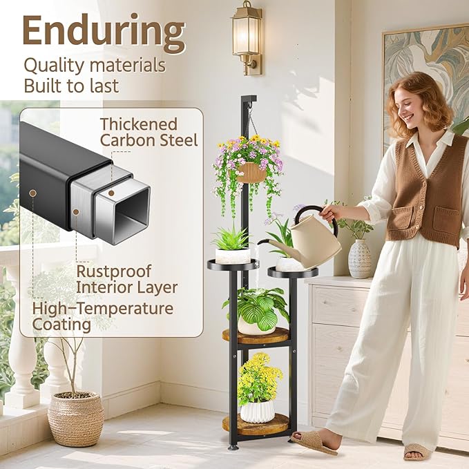 LASZOLA Black 4 Tier Tall Plant Stand Indoor with Hanging Ring, Large Heavy Duty Metal Vertical Corner Rack for Multiple Planter, Sturdy Wrought Iron Flower Shelf Holder Organizer for House Patio