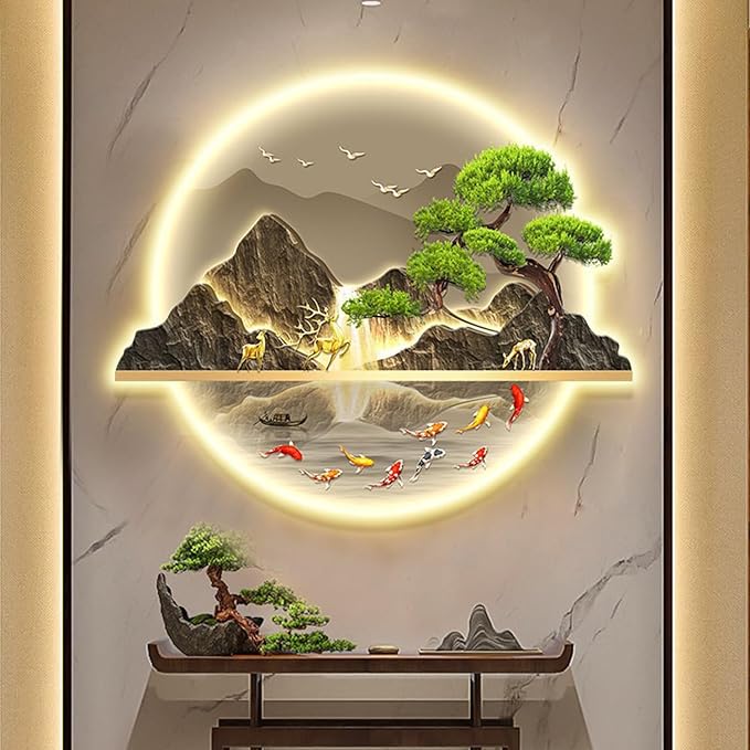 B,80 * 96cm, Mountain Tree Wall Art with Led Light, Zen Wall Art Decor, Luminous Wall Sculptures Painting, for Study Room, Dining Room, Living Room, Tea Room
