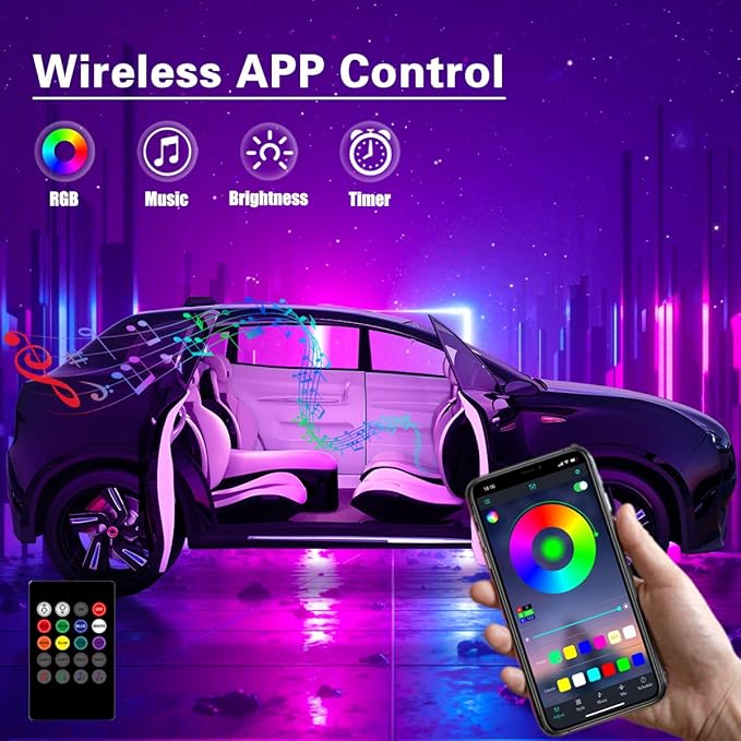 Interior Car Lights with Wireless APP & Remote Control, 9 in 1 RGB Car Ambient Lighting Kit with 4 Under Dash Lights & 5 Fiber Optic LED Strips, Sync to Music Inside Car Accessories