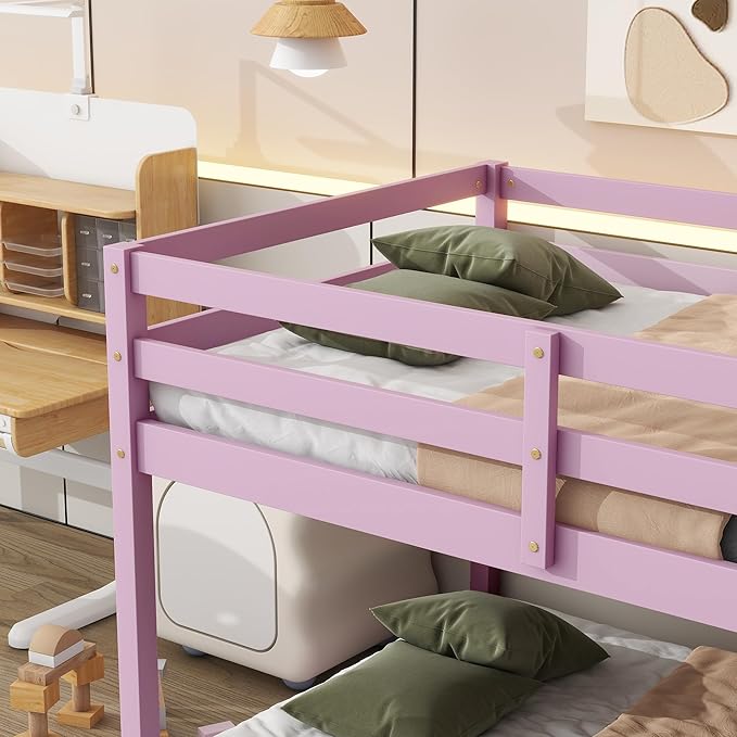 Ball & Cast Bunk Bed Twin Over Twin,Floor Bunk Bed with Ladder,Solid Rubber Wooden Bed Frame w/Full Length Guardrail,for Dormitory, No Box Spring Needed,for Kids Teens,Pink