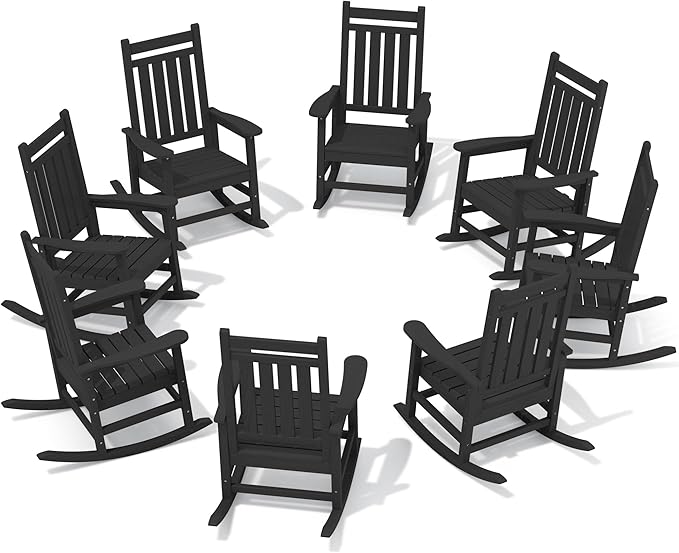 SERWALL HDPE Outdoor Rocking Chair Set of 8, Patio Rocking Chairs for Adults, All Weather Outdoor Rockers for Lawn, Black