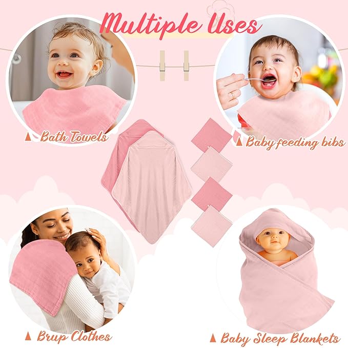 Preboun 6 Pcs Muslin Hooded Baby Towels and Washcloths 32"x 32" Cotton Newborn Bath Towel Anti-Shrink Infant Baby Blankets with Hood 12"x 12" Washcloths for Girl Boy Toddler(Pink,Dark Pink)
