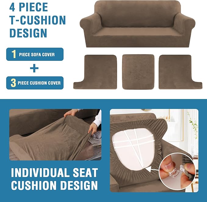 H.VERSAILTEX Sofa Cover 4 Piece T Cushion Sofa Slipcovers Thick Velvet Couch Cover Stretch T Cushion Sofa Covers for 3 Cushion Couch with 3 Individual T Cushion Covers, Mocha