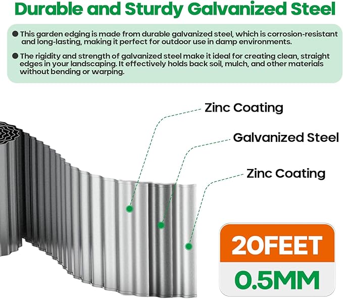 Corrugated Metal Garden Edging, Sturdy Tall Landscape Edging Borders, Perfect DIY for Flower Beds, Lawn and Pathway, Tree Surrounds, Paver Edges (Silver, 10"×20FT)