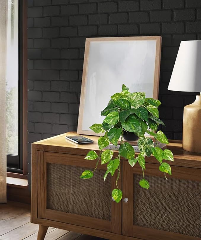Hollyone Artificial Hanging Pothos Plants Potted Fake Ivy Faux Pothos Vine Leaves Hanging Greenery Plant in Black Pot for Home Indoor Tabletop Bedroom Patio Shelf Office Decor