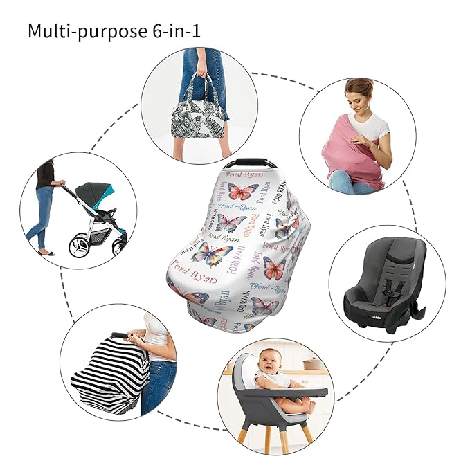 Personalized Baby Car Seat Cover with Name Stroller Canopy Custom Butterfly Carseat Cover Newborn Baby Boy Girl Nursing Cover for Moms First Birthday Gift