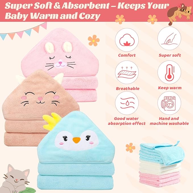 12 PCS Hooded Baby Towels, Soft Baby Towels, Absorbent Baby Bath Towels, 3 PCS Baby Towels, and 9 PCS Baby Washcloths for Newborns, Toddlers, and Kids, 32x32 in Baby Towels with Hood for Boy and Girl