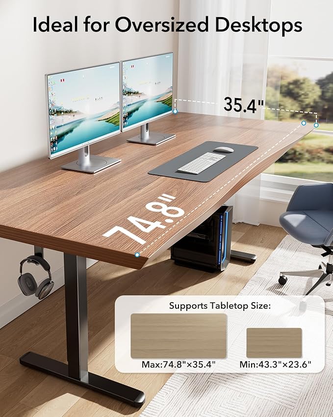 HUANUO Standing Desk Frame with 220lbs Powerful Brushless Motor, Thick T-Shaped Adjustable Desk Legs Made of Automotive-Grade Steel, for Max 75″ x 35″ Desktop, for Home Office, Black Frame Only