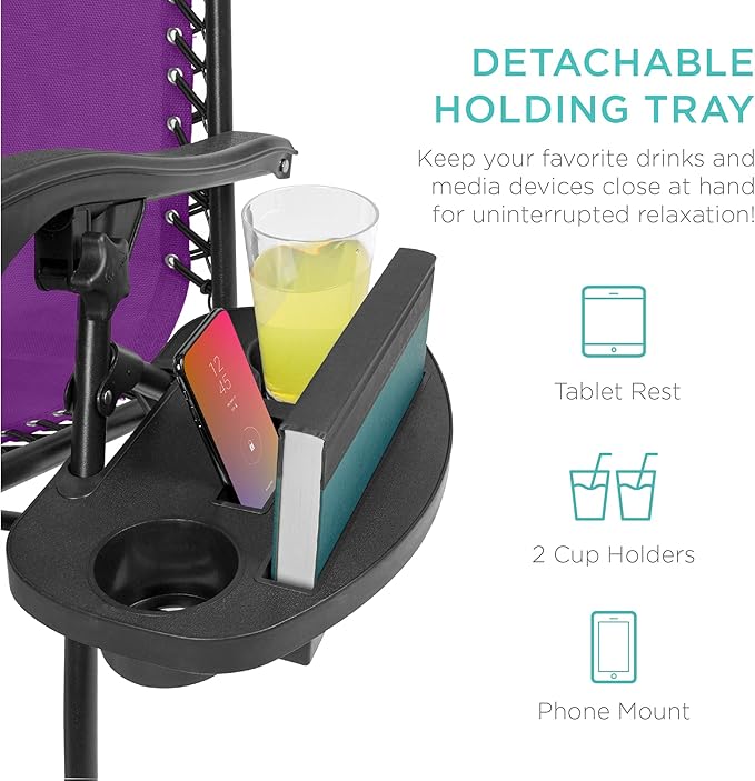 Best Choice Products Set of 2 Adjustable Steel Mesh Zero Gravity Lounge Chair Recliners w/Pillows and Cup Holder Trays - Amethyst Purple