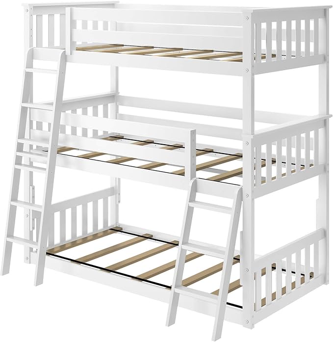 Max & Lily Triple Twin Bunk Bed, Solid Wood Bed Frame For Kids, No Box Spring Needed, Easy Assembly, White
