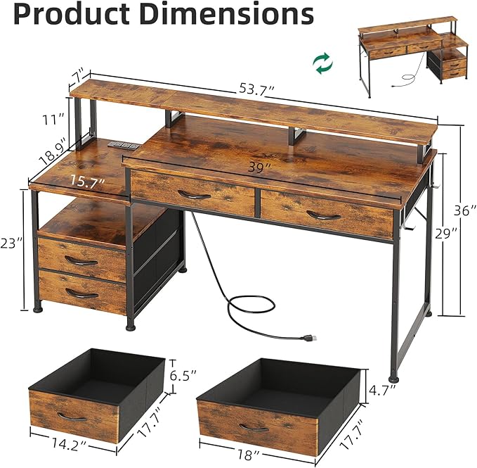 53" Computer Desk with 4 Drawers & Power Outlets, Reversible Home Office Desk with Monitor Stand & Printer Stand, Gaming Desks with Led Lights, Study Writing Work Desks Table for Bedroom, Vintage