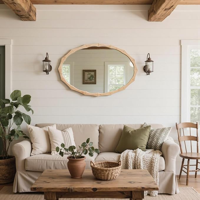sawsile 20x30'' Rustic Oval Wood Mirror,Decorative Farmhouse Oval Mirrors,Bamboo Vanity Nature Mirrors for Bedroom, Bathroom, Living Room,or Entryway
