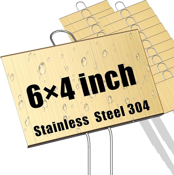 Landhoow 12 Pcs Large Garden Plant Markers Metal Plant Labels Sign 4'' x 6'' with 11'' Stake Weatherproof Waterproof Garden Sign for Outdoor Seedlings Herbs Vegetable Greenhouse, Gold