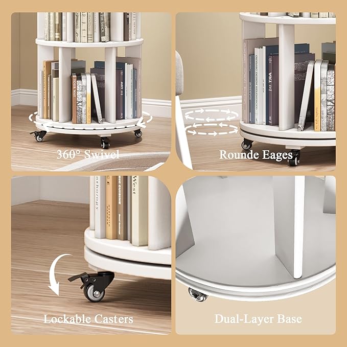 6 Tier Rotating Bookshelf Tower Spinning Bookshelf with Swivel Wheels Book Shelf Rotating Storage Tower for Kids Adult Narrow Walnut Solid Wood Revolving Bookcase Organizer for Bedroom Living Room