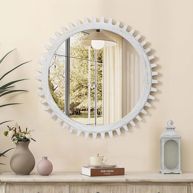 ULIKE Round Wood Mirror, 24 Inch Rustic Farmhouse Circle Mirror with Wooden Frame, Mordern Wall Decor for Bathroom Nursery Bedroom Living Room Entryway, White