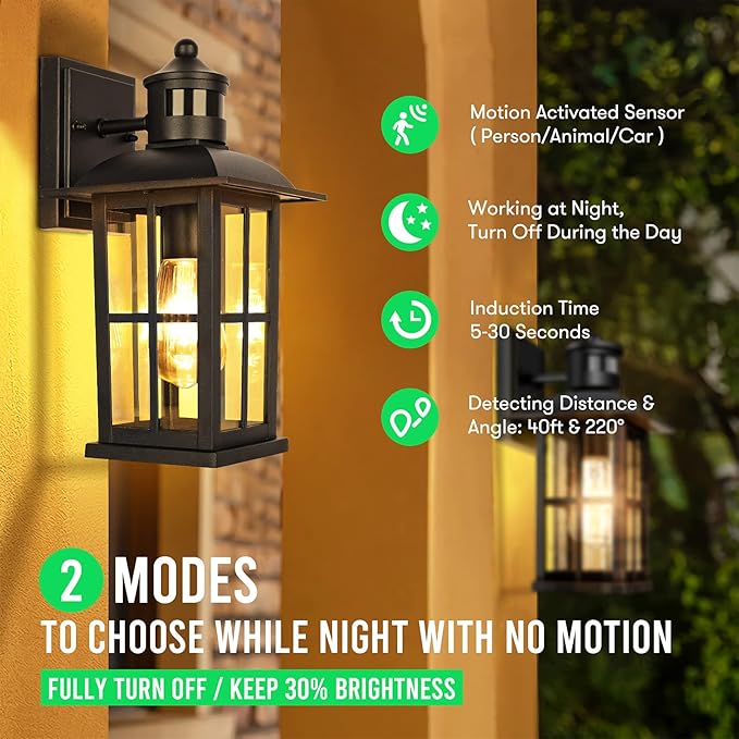 13in Motion Sensor Porch Lights, Anti-Rust 100% Aluminum Dusk to Dawn Outdoor Light Fixtures, Exterior Wall Lanterns Sconce Lighting Black, Outside Lights for House Wall Mount for Entryway Garage
