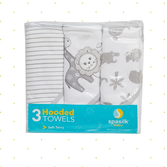 Spasilk Baby 3 Pack Soft Terry Hooded Towel Set for Newborn Boys and Girls Gray Lion One Size