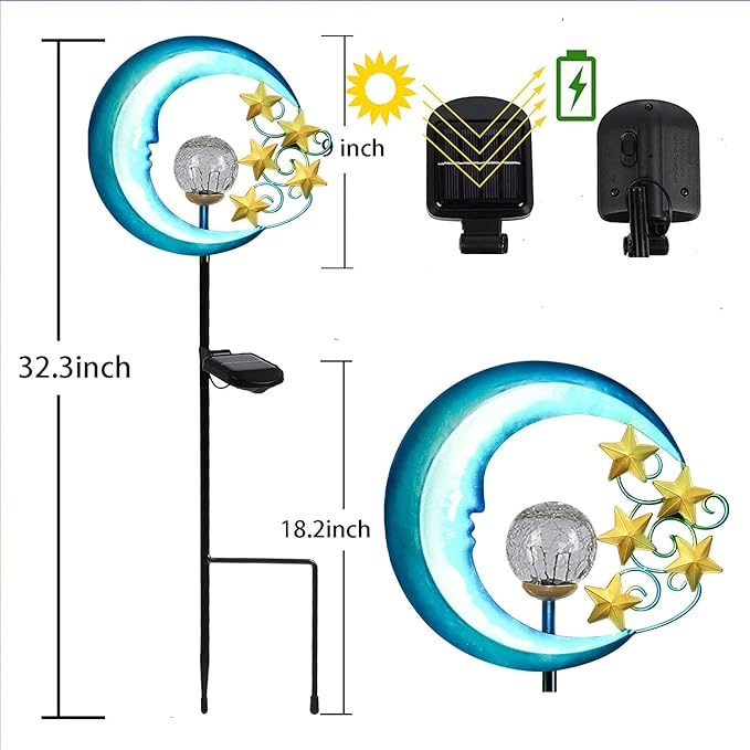 Stars Moon Solar Lights Outdoor - Solar Powered Garden Lights Decorative Crackle Glass Globe Led Waterproof Landscape Lighting for Pathway,Yard,Lawn,Patio