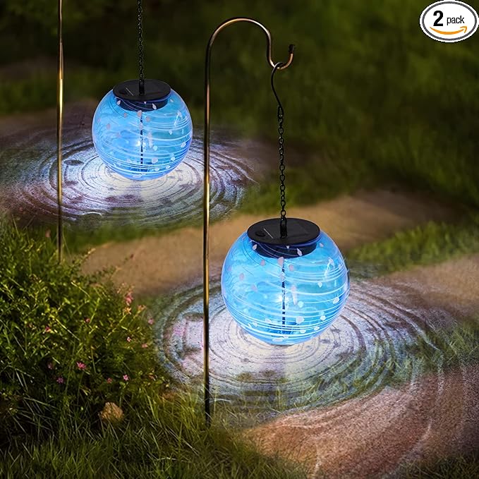 Solar Lanterns Outdoor Waterproof Hanging Outdoor Solar Lanterns Glaze Ball Outdoor Hanging Lights Waterproof Garden, Patio, Pathway & Yard Décor 2 Pack