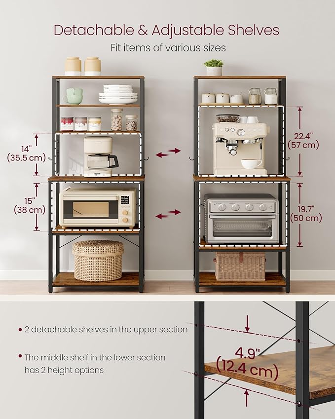 VASAGLE Coffee Bar, Baker’s Rack for Kitchen with Storage, 6-Tier Kitchen Shelves with 6 Hooks, Microwave Stand, Industrial, 15.7 x 23.6 x 65.7 Inches, Rustic Brown and Black UKKS024B01