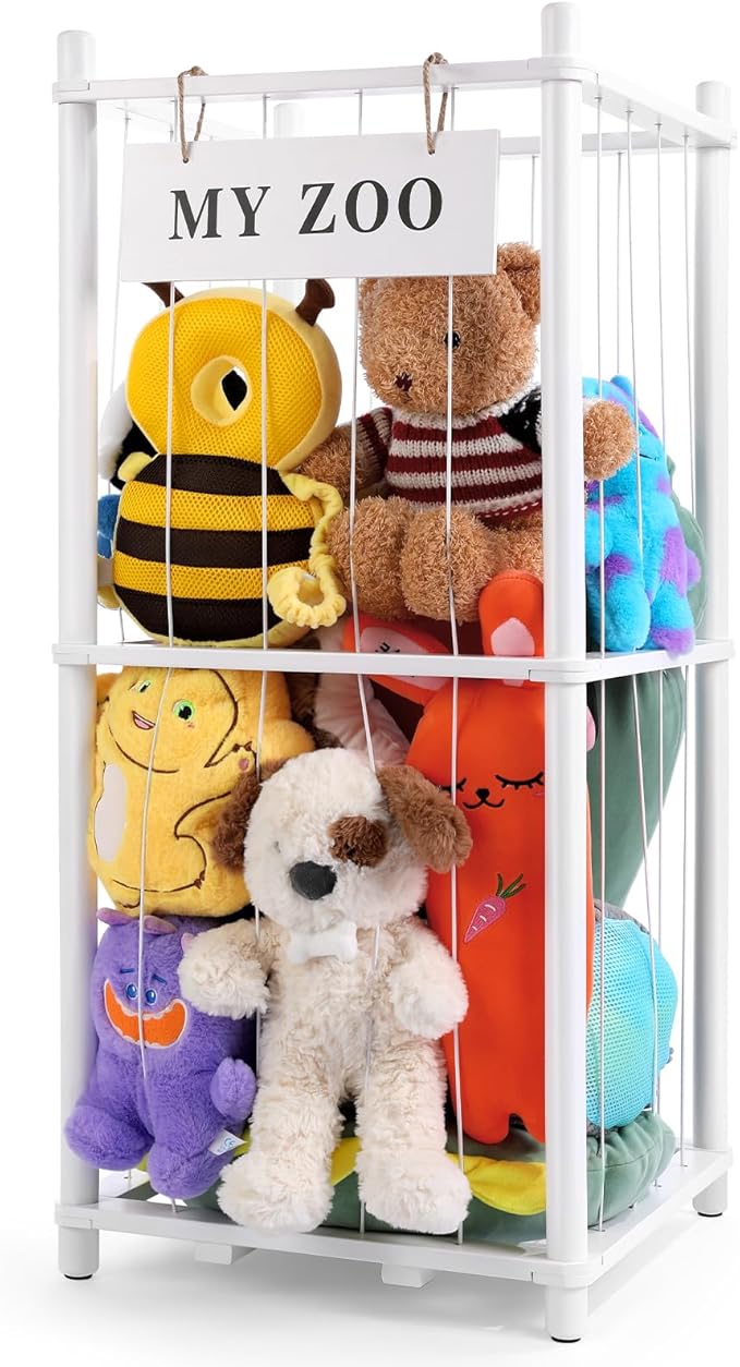 Stuffed Animal Storage Zoo, Wooden Stuffed Animal Organizer with Elastic Cords for Boys Girls, Space Saving Toy Plushies Storage Holder for Playroom, Bedroom, Living Room (White, Small)