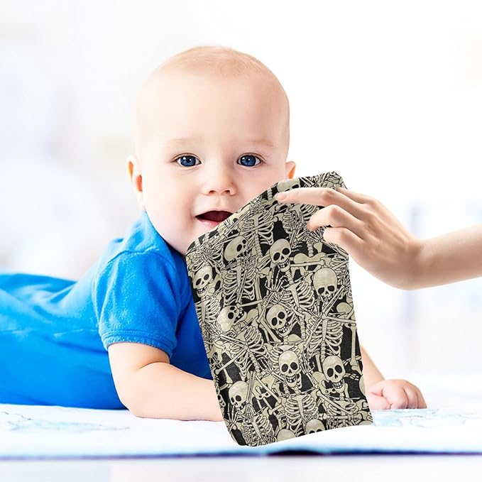 Fun Skull Baby Washcloths Newborn Muslin Burp Cloths 3 Pack Soft Cotton Baby Face Bath Towel Drool Bibs for Infants, Girls and Boys 11.8 x 11.8 Inch