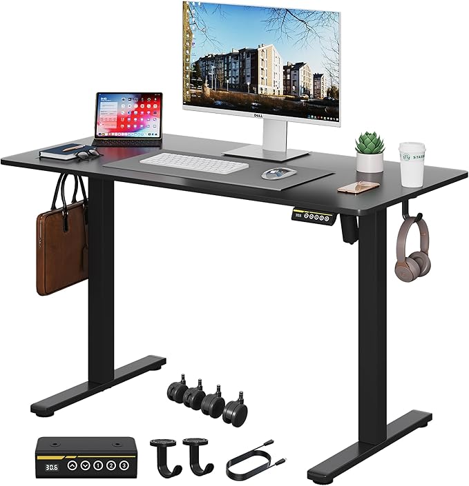 Electric Standing Desk Adjustable Height 40"x24" Stand Up Desk with Lockable Wheels Ergonomic Sit Stand Desk for for Work Office Home Computer Workstation (Black)