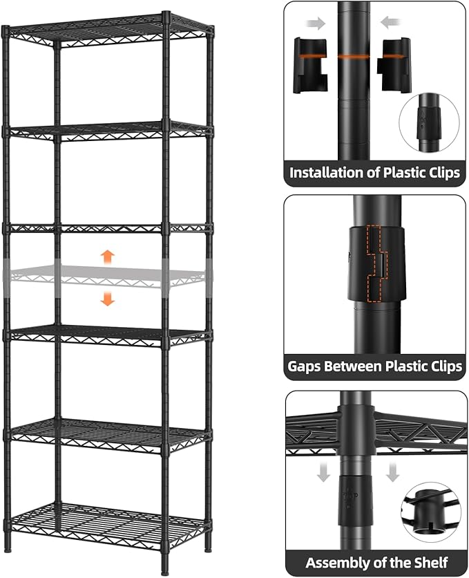 SINGAYE 6 Tier Adjustable Storage Shelf Wire Shelving Unit Metal Shelves Standing Closet Bathroom Organizers Pantry Kitchen Garage Laundry Room Organization Home Rack 12" D X 22" W X 69.5" H Black