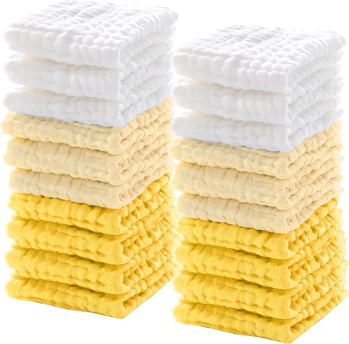 Breling 20 Pcs Baby Muslin Washcloth 12 x 12 Inch 100% Cotton Soft and Absorbent Muslin Washcloth Burp Cloth Wipe Newborn Face Towel for Baby Boy Girl Sensitive Skin(White, Light Yellow, Yellow)