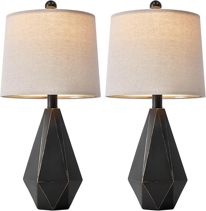 PoKat 20.25'' Table Lamps Set of 2, Bedside Lamp for nightstand, Small Farmhouse Lamps for Bedroom, Black Bedroom Lamps for Living Room, Nursery, Black, Suitable for Small Place