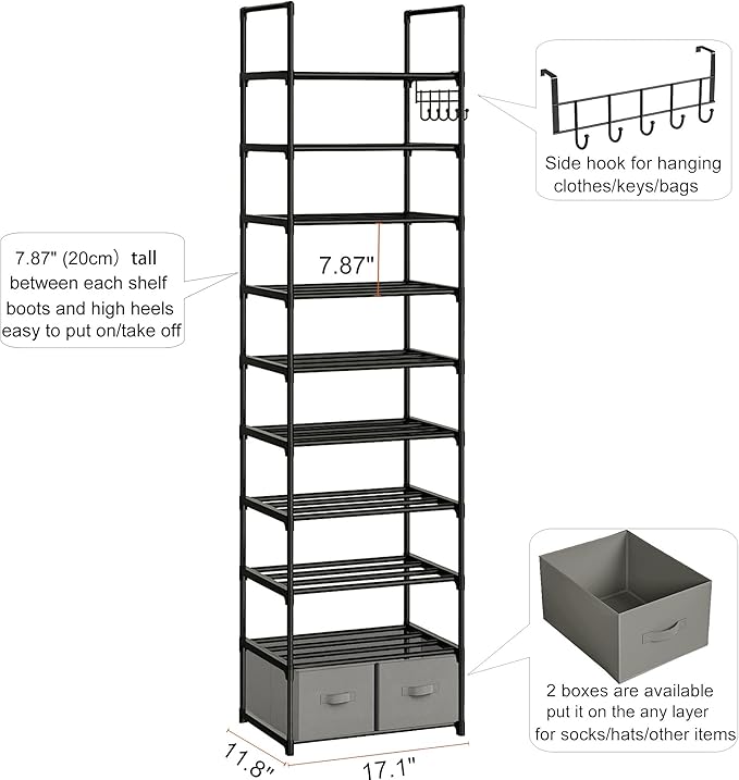 Tall Shoe Rack Narrow 10 Tier Shoes Rack 20 25 Pairs, Shoe Storage Organizer for Closet, Sturdy Metal Shoe Shelf Shoe Stand with 2 Boxes 1 Hook