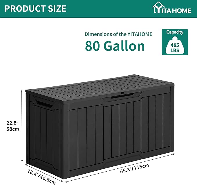 YITAHOME 80 Gallon Outdoor Storage Box, Large Water Resistant Resin Deck Box, Indoor Outdoor Lockable Storage Container for Patio, Garden, Cushions, Tools, Equipment (Black)