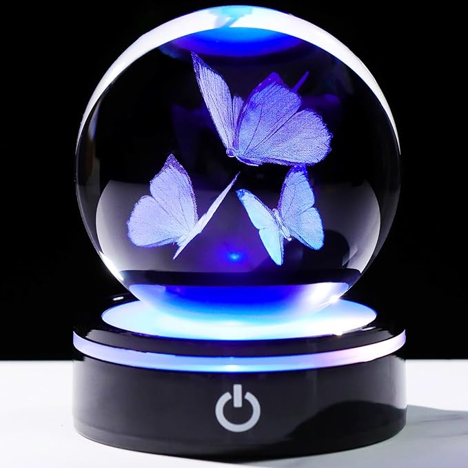 YWHL 3D Butterfly Gifts for Women, Crystal Butterfly Figurine Ball with Colorful Light Base, Birthday Mother Day for Butterfly Lover, Glass Animal Collection Sphere Home Decor(80mm)
