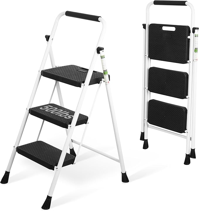 3 Step Ladder, Portable Steel Folding Step Stool with Wide Anti-Slip Pedal & Convenient Handgrip, 500lbs Sturdy Steel Ladder, White